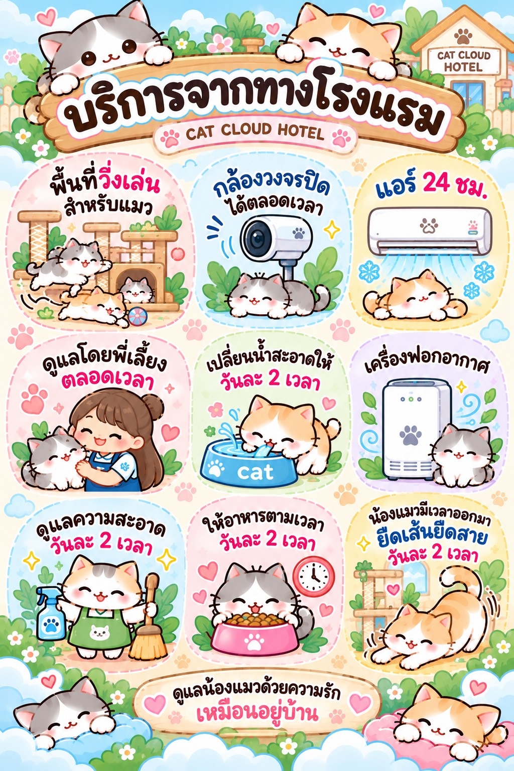 บริการจากทางโรงแรม Cat Cloud Hotel: พื้นที่วิ่งเล่นสำหรับแมว กล้องวงจรปิด แอร์ 24 ชั่วโมง ดูแลโดยพี่เลี้ยงตลอดเวลา เปลี่ยนน้ำและทำความสะอาดวันละ 2 เวลา เครื่องฟอกอากาศ ให้อาหารตามเวลา และให้น้องแมวยืดเส้นยืดสายวันละ 2 เวลา