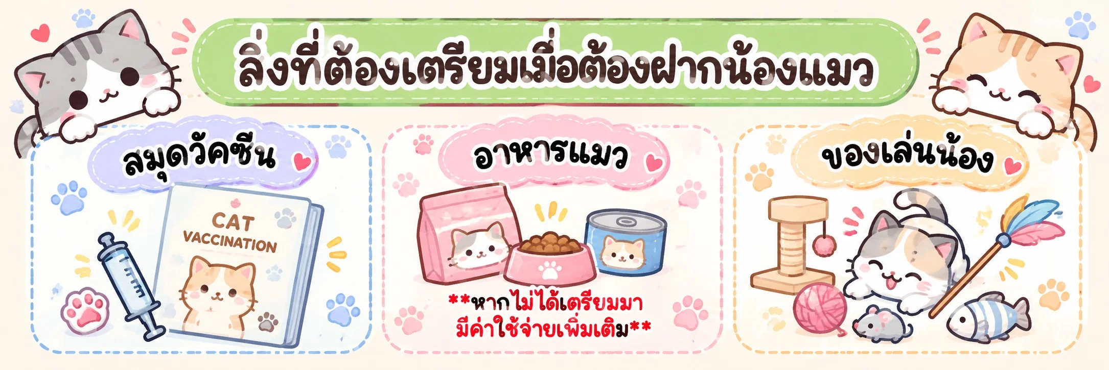 สิ่งที่ต้องเตรียมเมื่อฝากน้องแมว: สมุดวัคซีน อาหารแมว (หากไม่ได้เตรียมมามีค่าใช้จ่ายเพิ่มเติม) และของเล่นน้อง